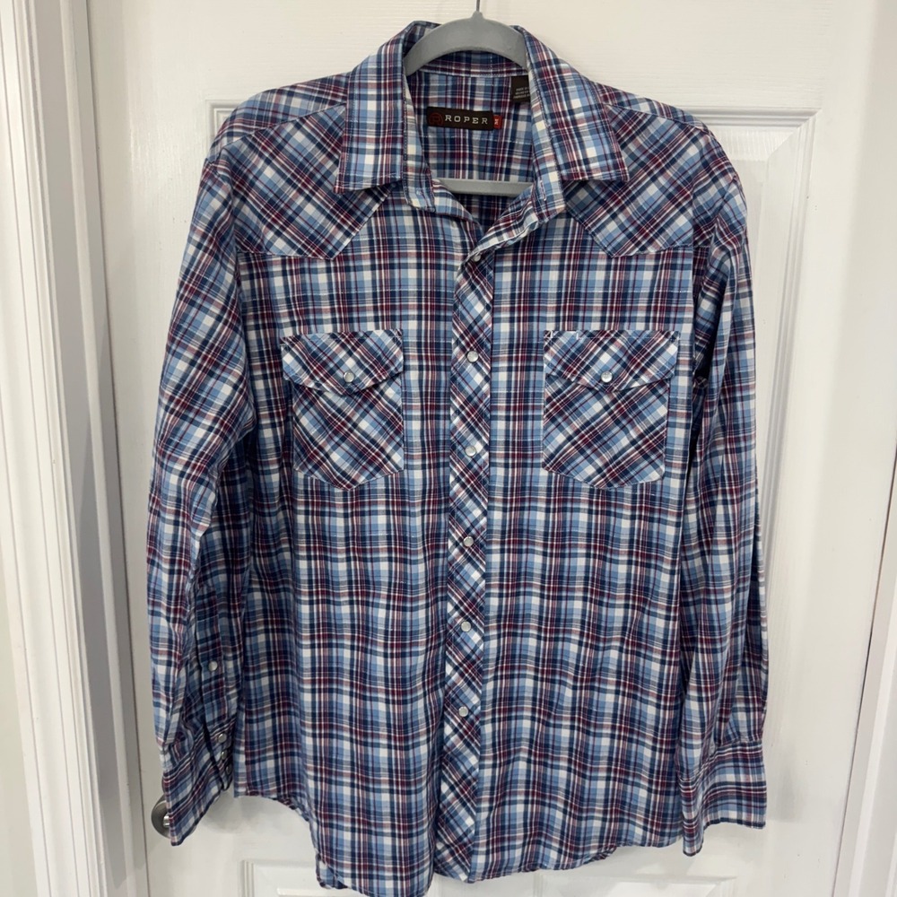 Roper Western Blue Plaid Button Down Pearl Snap Buttons Mens‎ Medium